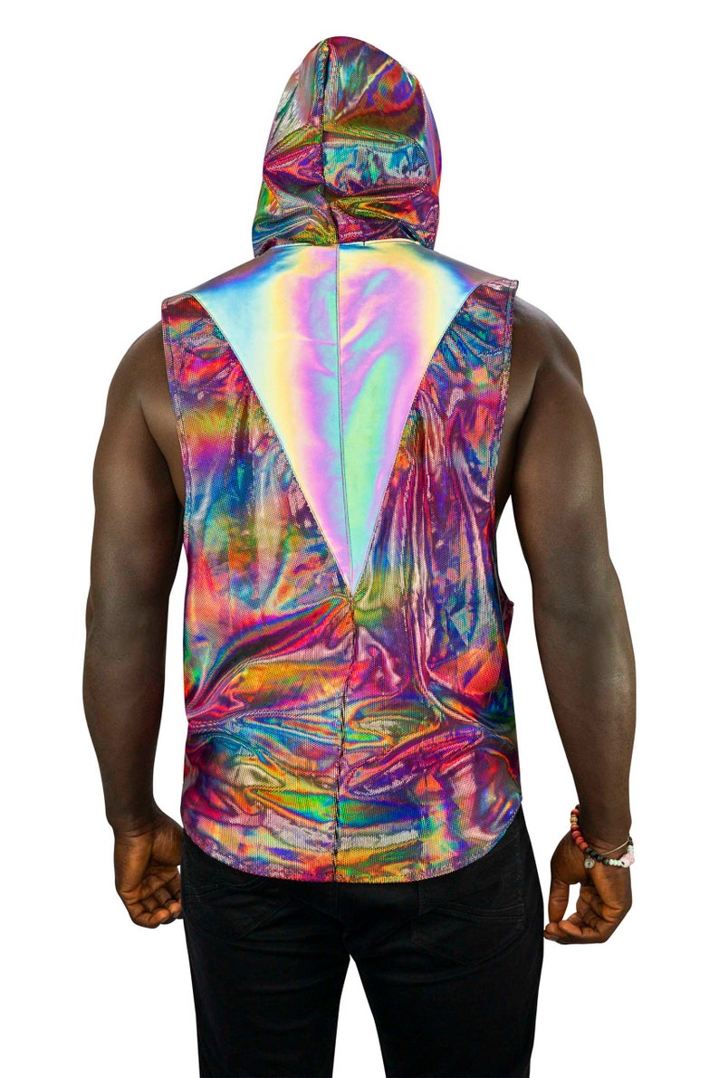 Rainbow holographic muscle tee with hood by Love Khaos.