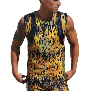 Herren Muskel Tank Top Rave Wear Herren Flame Print Rave Outfits Herren Gold Shirt Holographische Weste Doof Kleidung irisierendes Shirt | LIEBE KHAOS