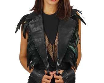 Feather Shrug Leather Collar Feather Costume avant garde clothing Festival Clothing Women Rocker goth top tribal chic edgy by Love Khaos