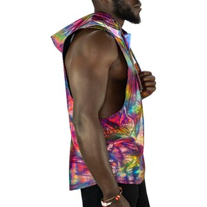 Rainbow holographic muscle tee with hood by Love Khaos.