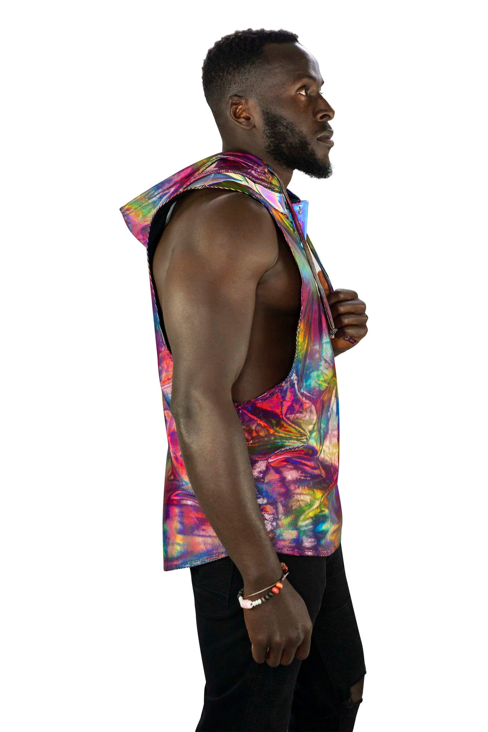Reflective Shirts Rave Mens Rave Top Holographic Shirt, Shiny Rainbow Reflective Sleeveless ...