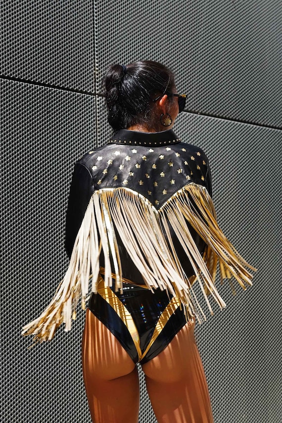 Cropped Biker Jacket Stars Tassel Fringe, Studded Leather