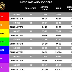 May include: A size chart for leggings and joggers with measurements in inches and centimeters. The chart shows the size, jeans size, actual waist, hips, and inseam to ankle measurements for sizes XXS to 2XL.