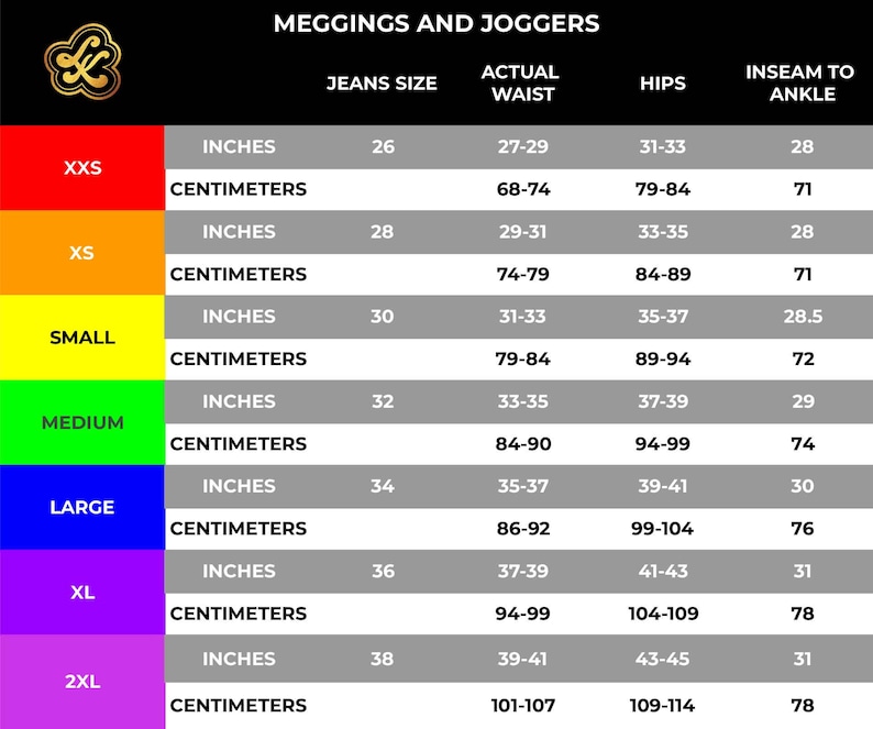 May include: A size chart for leggings and joggers with measurements in inches and centimeters. The chart shows the size, jeans size, actual waist, hips, and inseam to ankle measurements for sizes XXS to 2XL.
