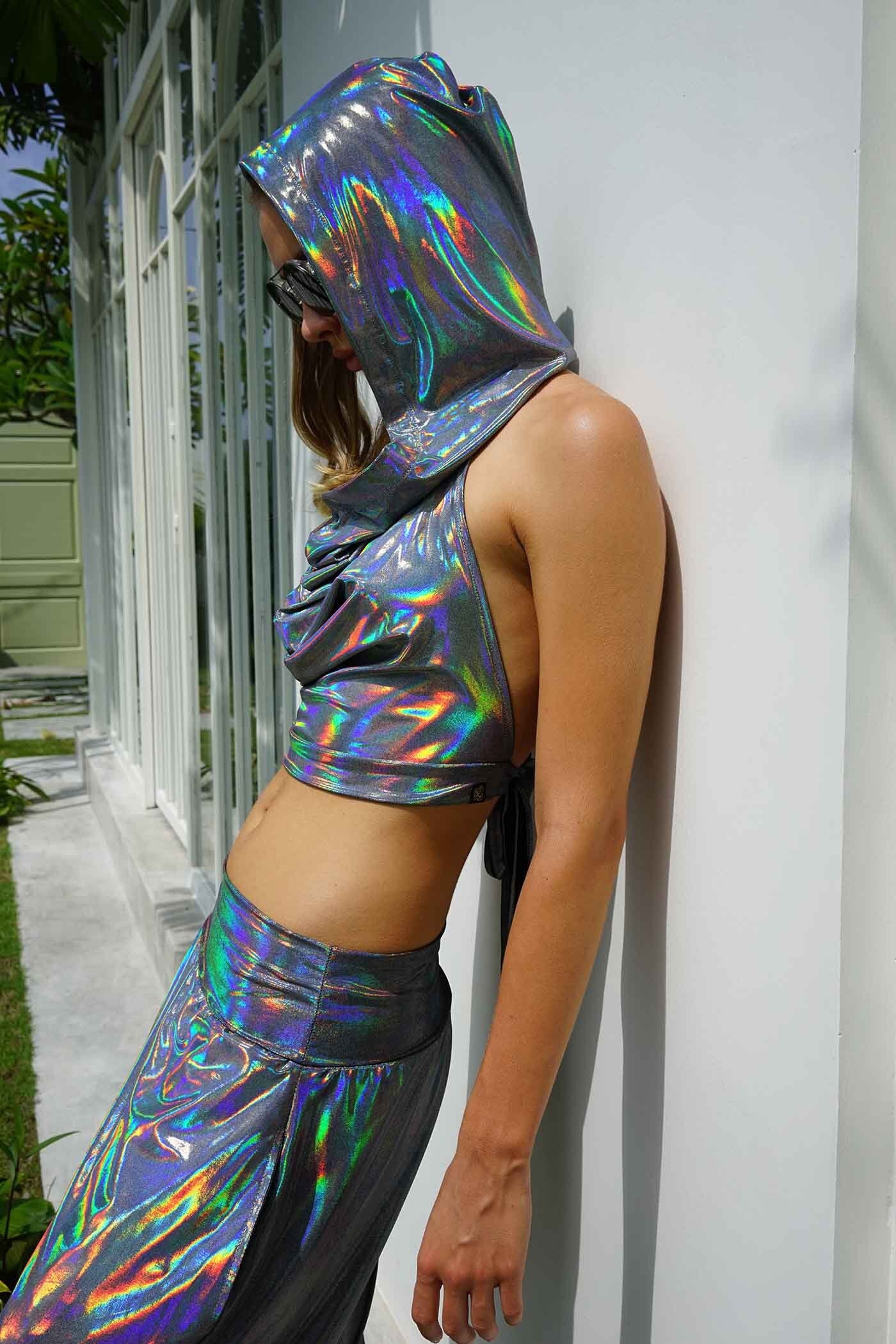 Reflective Crop Top With Hooded Reflective Skirt Holographic Rave Two  Pieces Rave Outfits