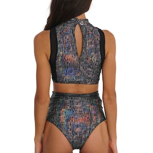 Rave Outfit Women Holographic Silver Festival Crop Top Cleavage Top Rave Wear | LOVE KHAOS image 2
