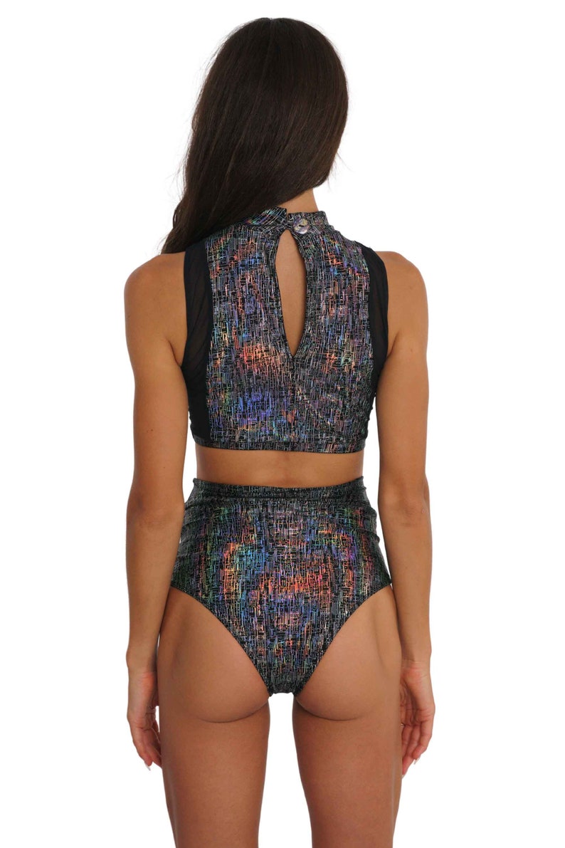 Rave Outfit Women Holographic Silver Festival Crop Top Cleavage Top Rave Wear | LOVE KHAOS image 2