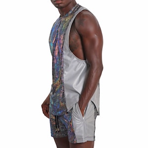 Reflective Shirt Men Rave Wear Futuristic Tank top Metallic Shirt EDC Outfits Men Silver Rave Outfit Holographic Rave Shirt | LOVE KHAOS image 3