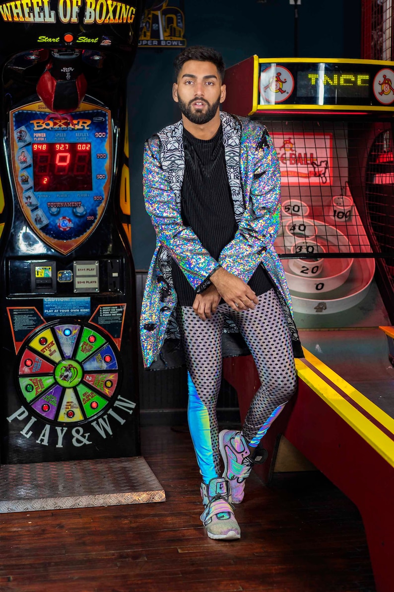 Holographic Silver tights reflective rave outfit festival leggings burning man pants by Love Khaos mens Leggings with pockets Meggings