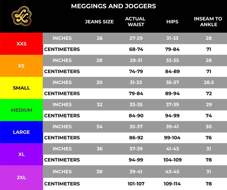 May include: A size chart for leggings and joggers with measurements in inches and centimeters. The chart shows the size, jeans size, actual waist, hips, and inseam to ankle measurements for sizes XXS to 2XL.
