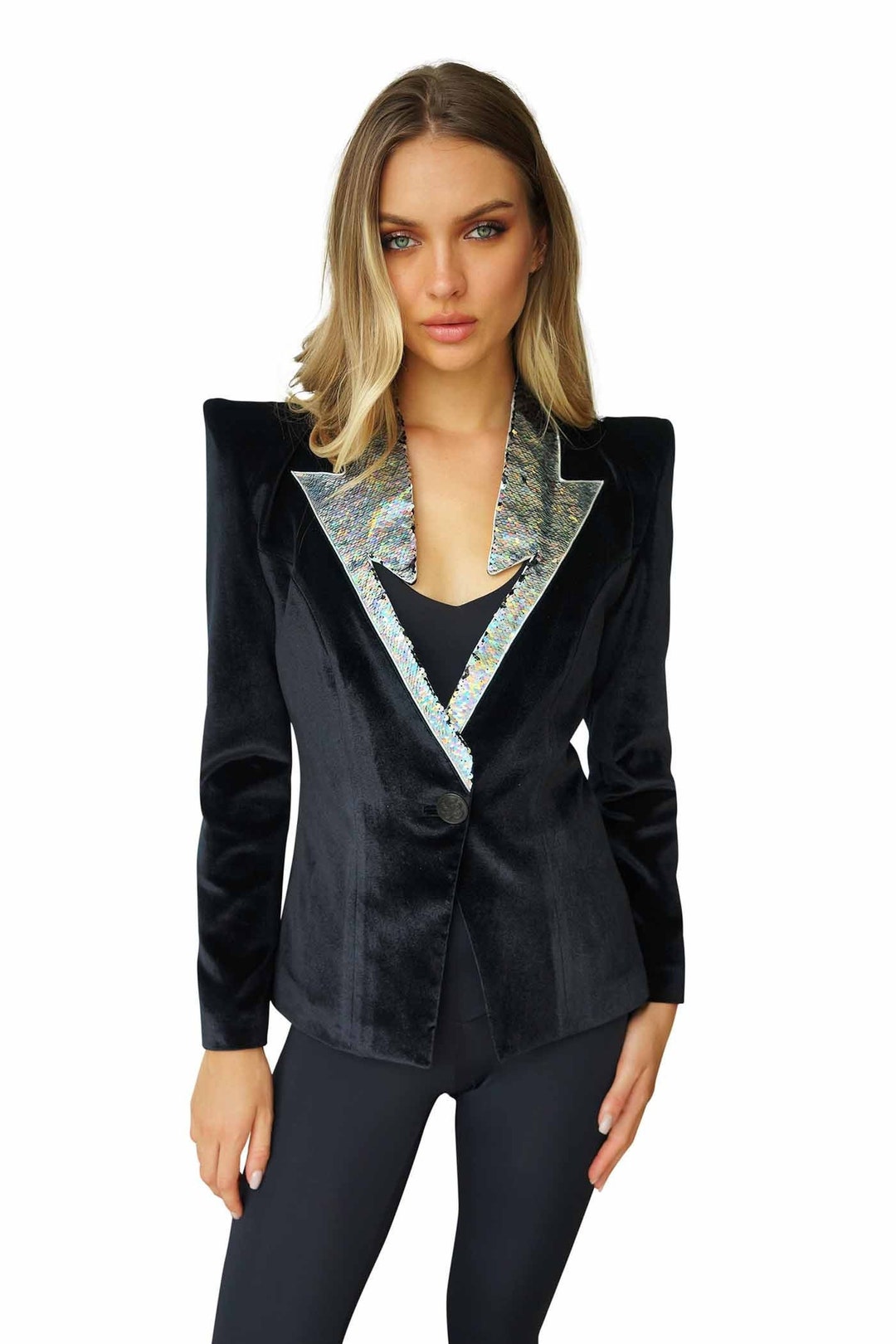 Black Velvet Blazer Sequin Jacket Festival Jacket Bling Lightning Bolt