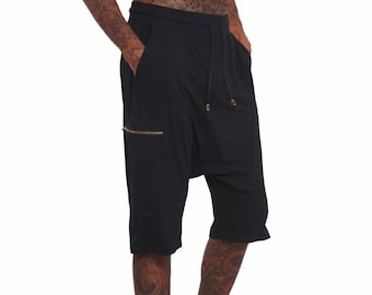 Pantalones cortos de entrepierna baja, atuendo rave negro, pantalones cortos técnicos, ropa urbana para hombre / LOVE KHAOS