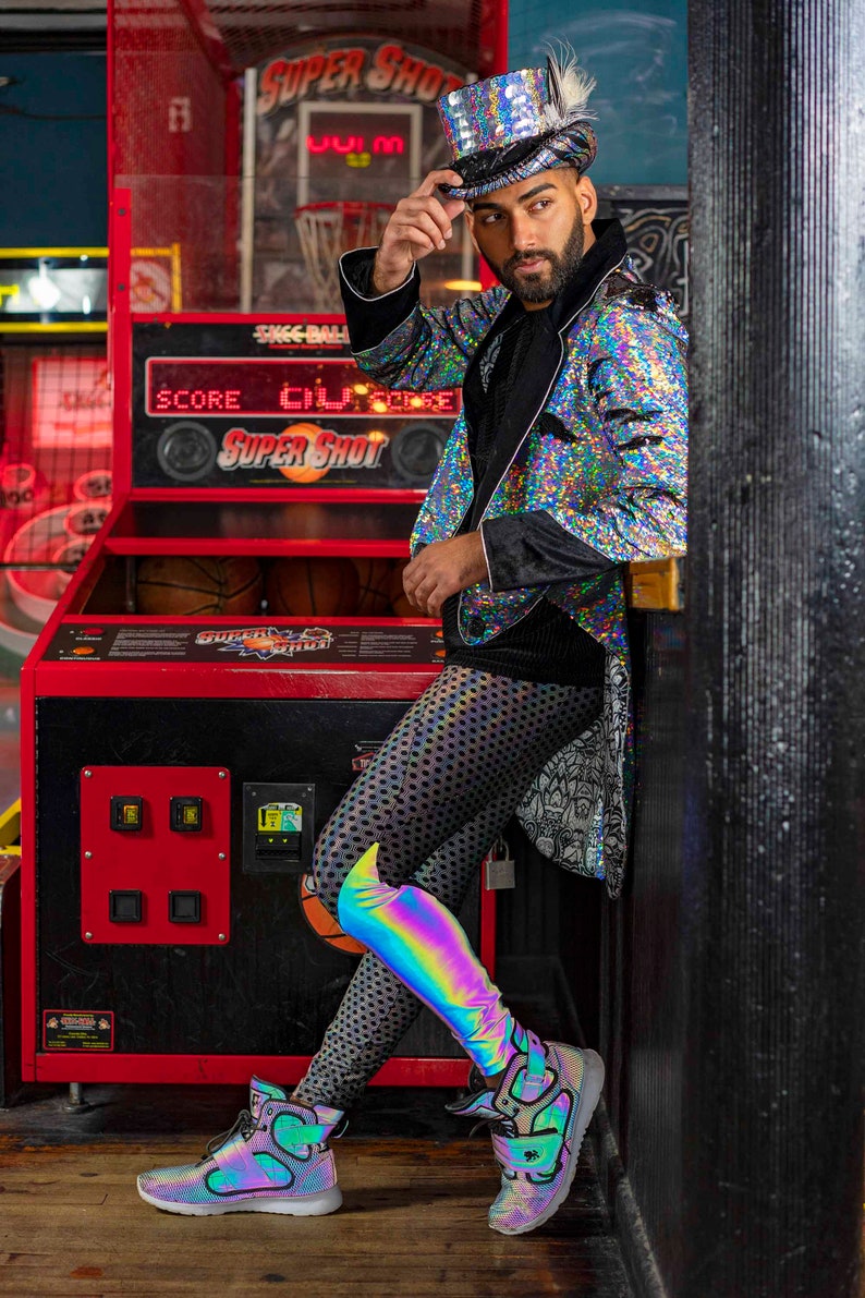 Holographic Silver tights reflective rave outfit festival leggings burning man pants by Love Khaos mens Leggings with pockets Meggings