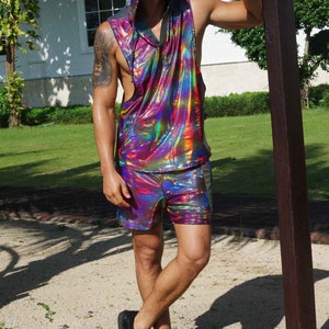 Mens Rave Top Holographic Shirt, Shiny Rainbow Reflective Sleeveless Hoodie Festival Vest | LOVE KHAOS image 2