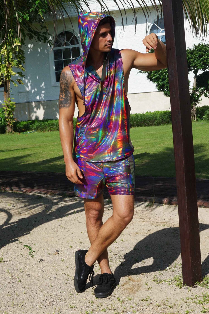 Mens Rave Top Holographic Shirt, Shiny Rainbow Reflective Sleeveless Hoodie Festival Vest | LOVE KHAOS image 2