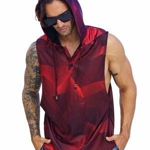Mens red velvet hooded sleeveless tank top by Love Khaos