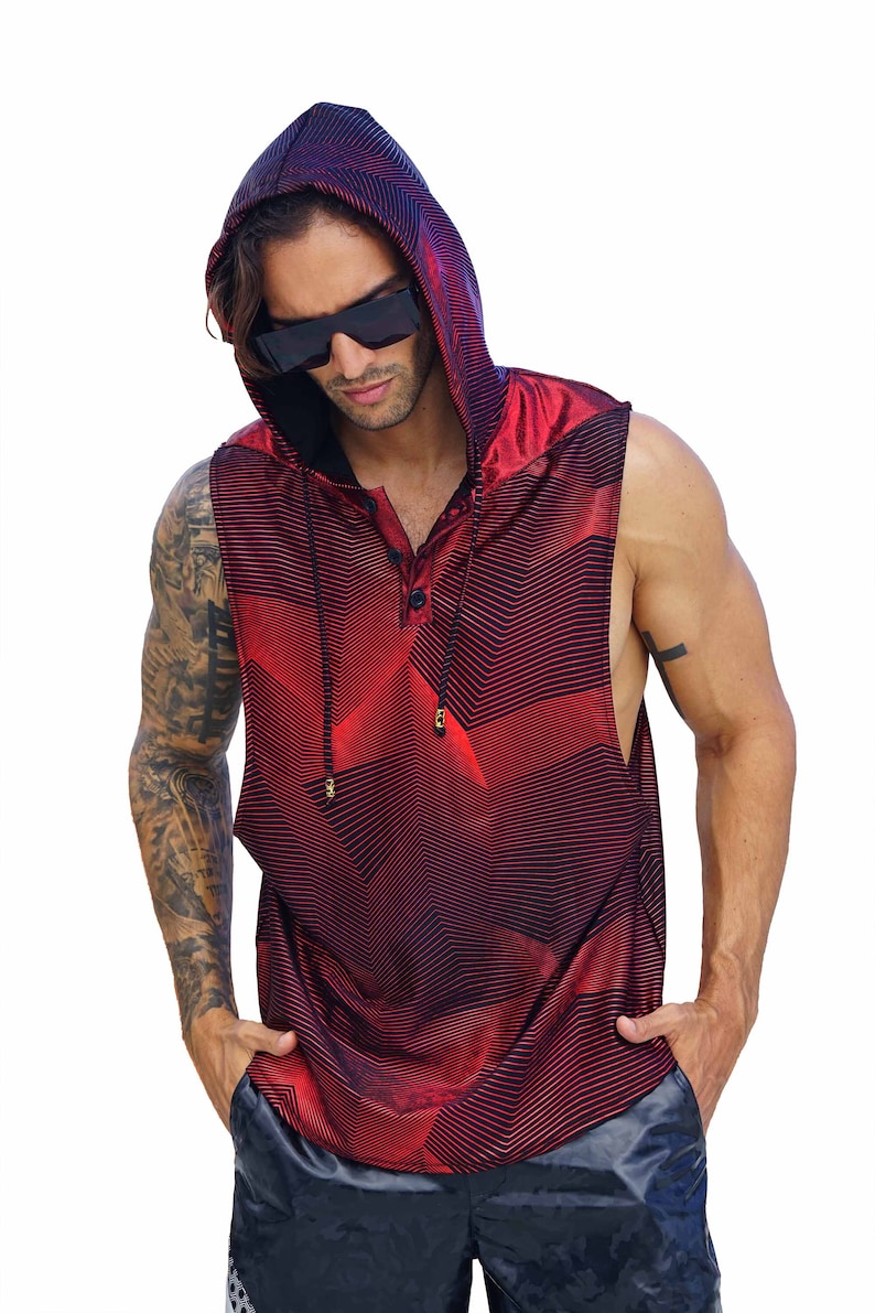 Mens red velvet hooded sleeveless tank top by Love Khaos