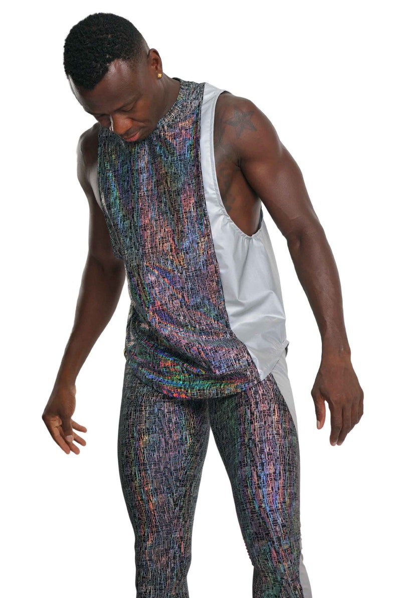 Reflective Shirt Men Rave Wear Futuristic Tank top Metallic Shirt EDC Outfits Men Silver Rave Outfit Holographic Rave Shirt | LOVE KHAOS image 9