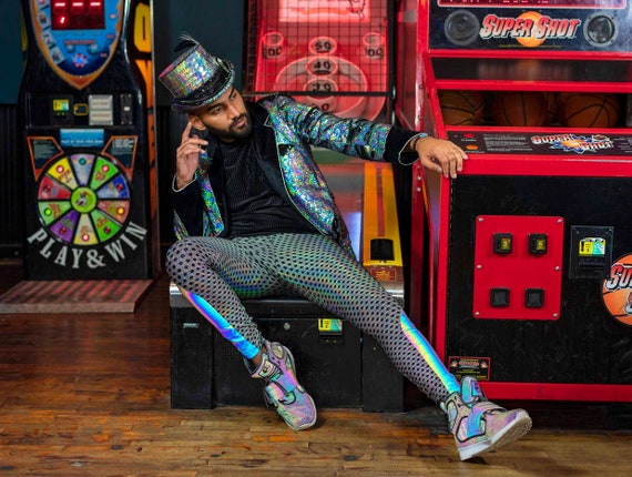 Meggings, Mens Leggings With Pockets, Holographic Silver Tights