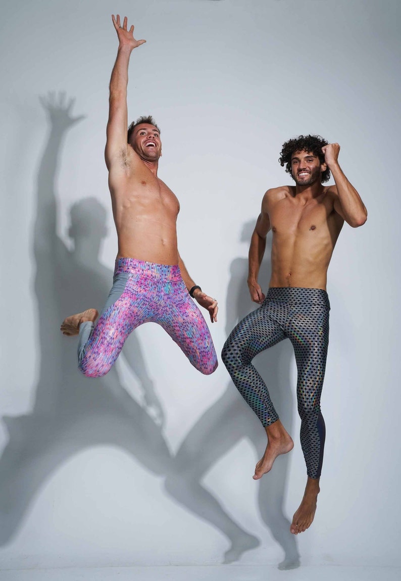 Holographic Silver tights reflective rave outfit festival leggings burning man pants by Love Khaos mens Leggings with pockets Meggings