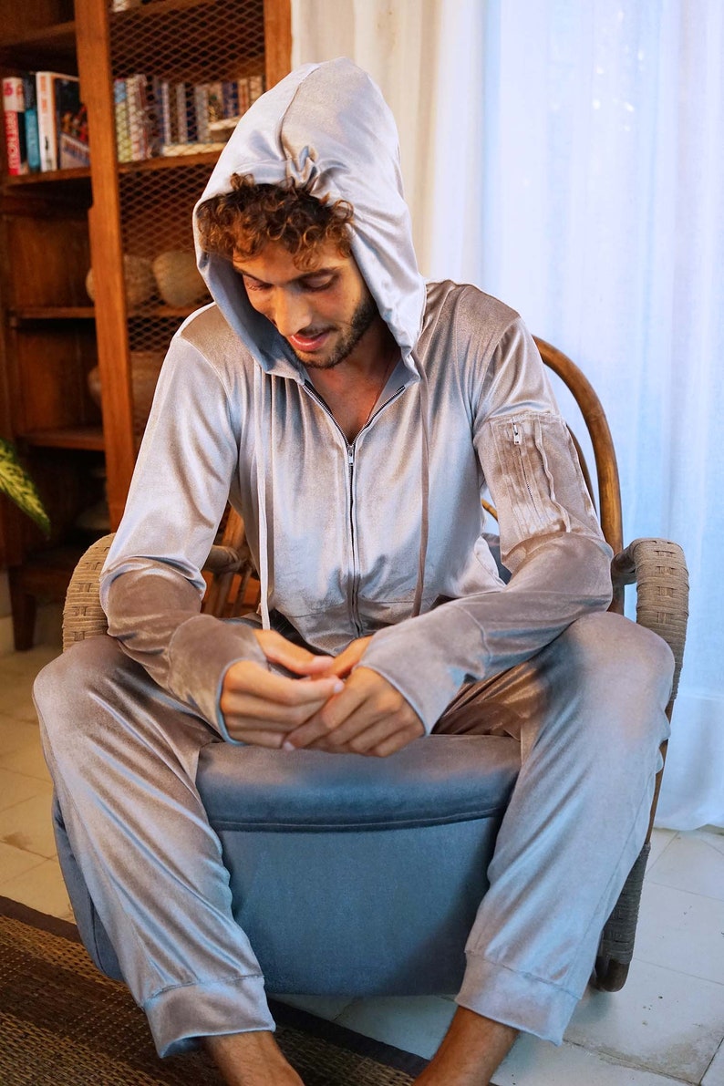 Velvet Pajamas harem party jumpsuit Kigurumi Adult Onesie Pajama Silver Romper Mens Jumpsuit One Piece Apres Ski Suit by Love Khaos