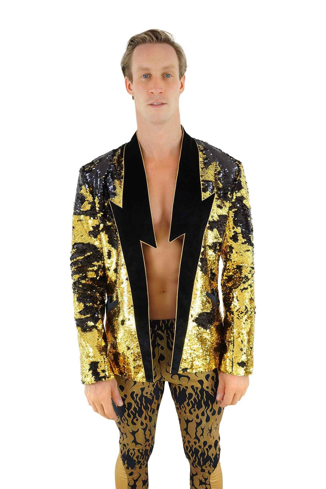 Gold Sequin Jacket Men David Bowie Lightning Bolt Futuristic Jacket Burning Man Outfit Mens Gold