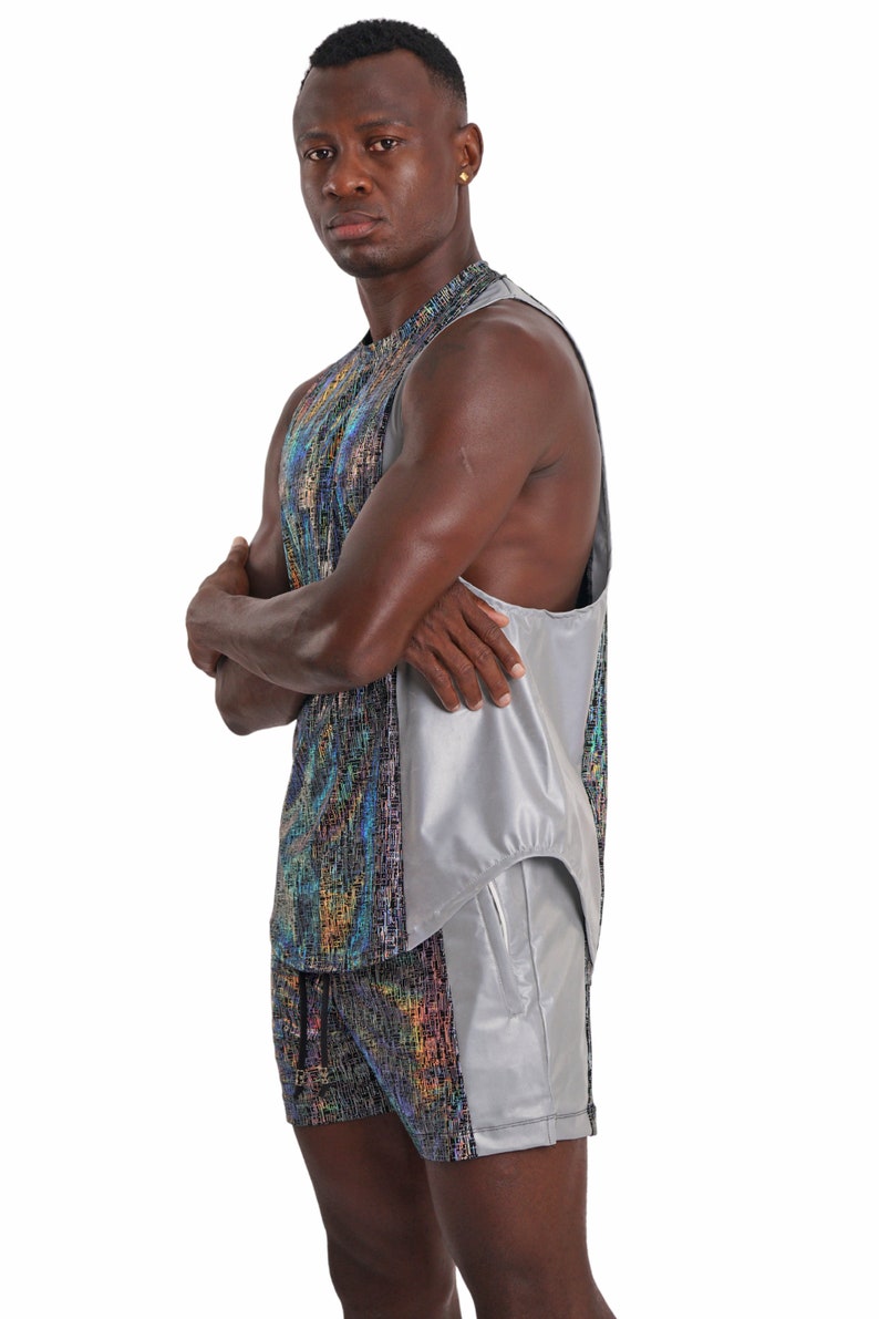 Graphic Shorts Silver Reflective Shorts Rave Festival Outfits Mens Drawstring Shorts | LOVE KHAOS image 7