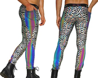 Men Leggings with Pouch & Pockets Reflective Rave Pants Zebra Meggings | LOVE KHAOS