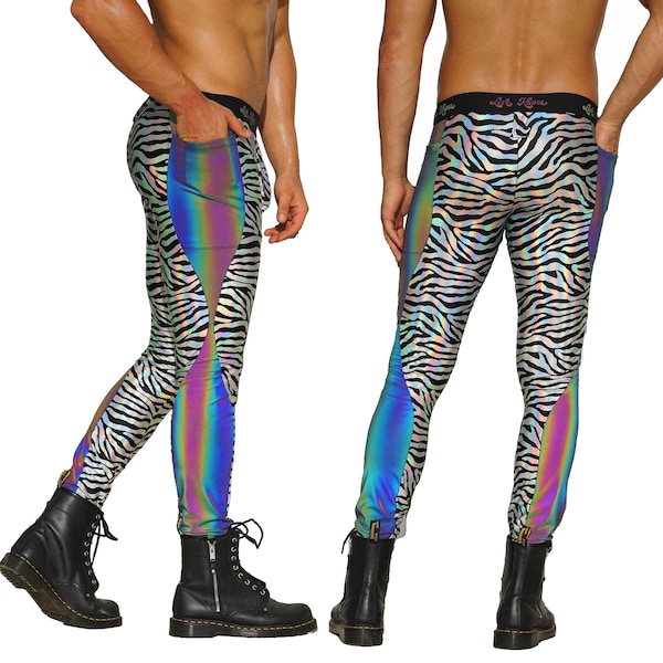 Holographische Leggings reflektierende Rave Hose Meggings Zebra Leggings Herren Leggings mit Beuteltasche vorne & Taschen Burning Man Outfits | LIEBE KHAOS