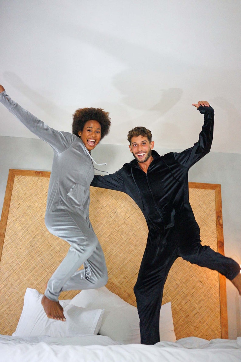 Velvet Pajamas harem party jumpsuit Kigurumi Adult Onesie Pajama Silver Romper Mens Jumpsuit One Piece Apres Ski Suit by Love Khaos