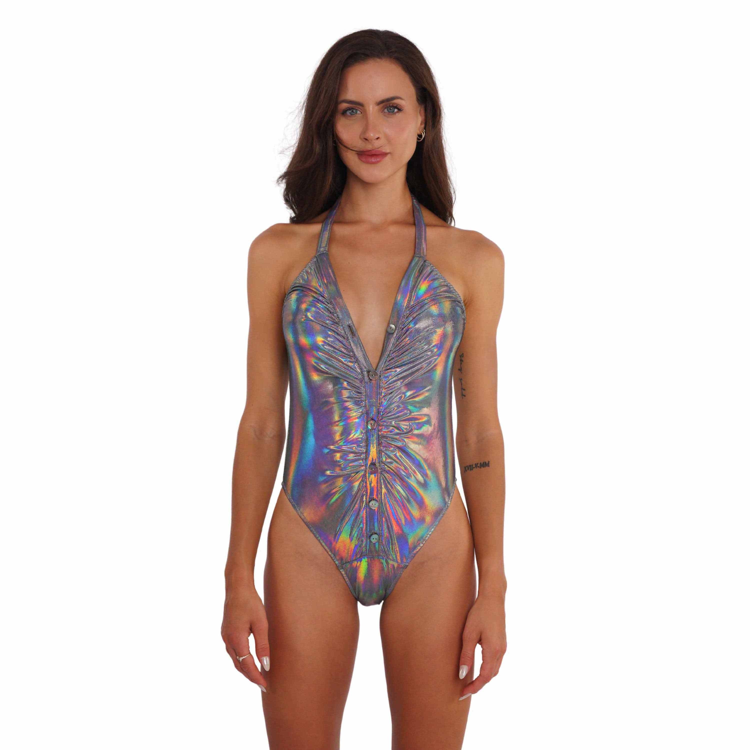 Silver Holographic Metallic One Piece Swimsuit, Plus Size