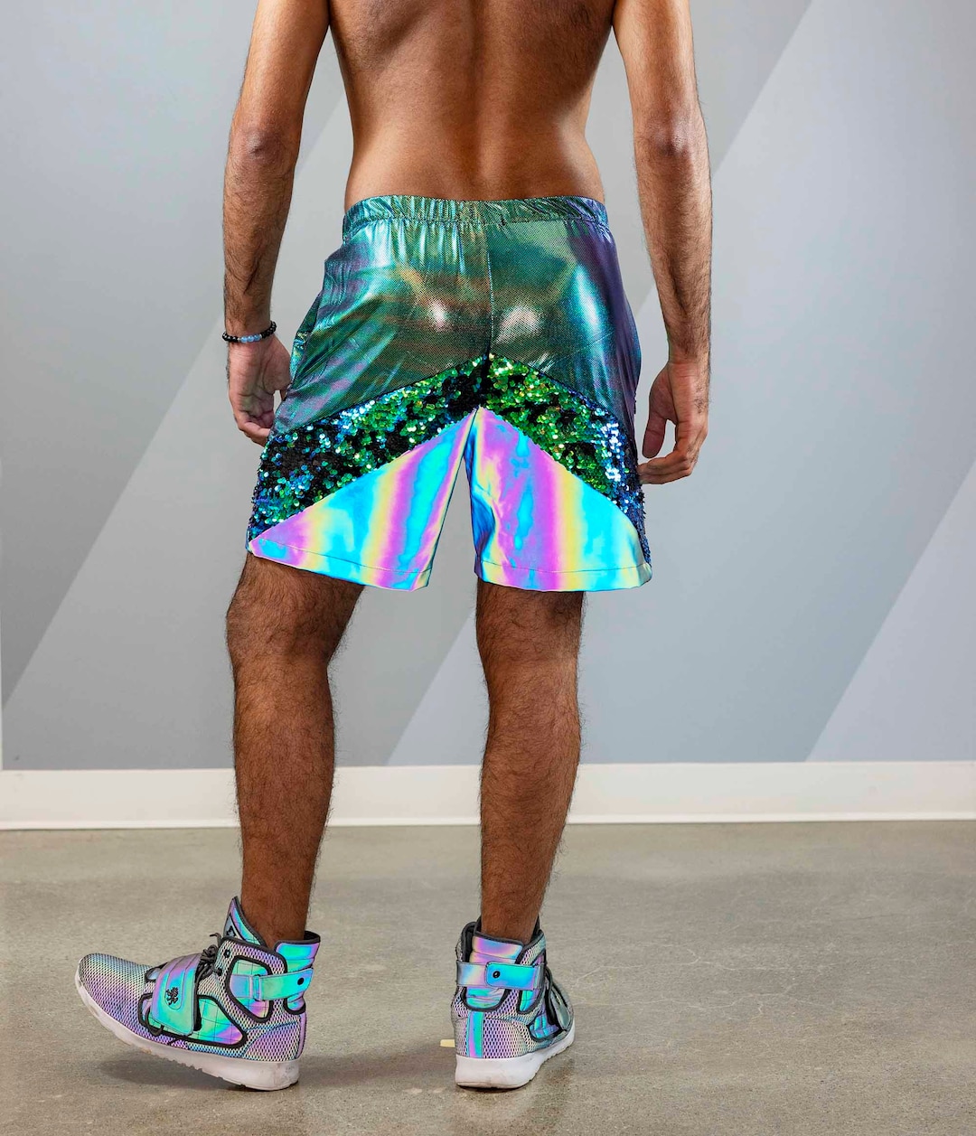 Mens Festival Shorts With Zipper Pockets Sequin Rave Outfit for
