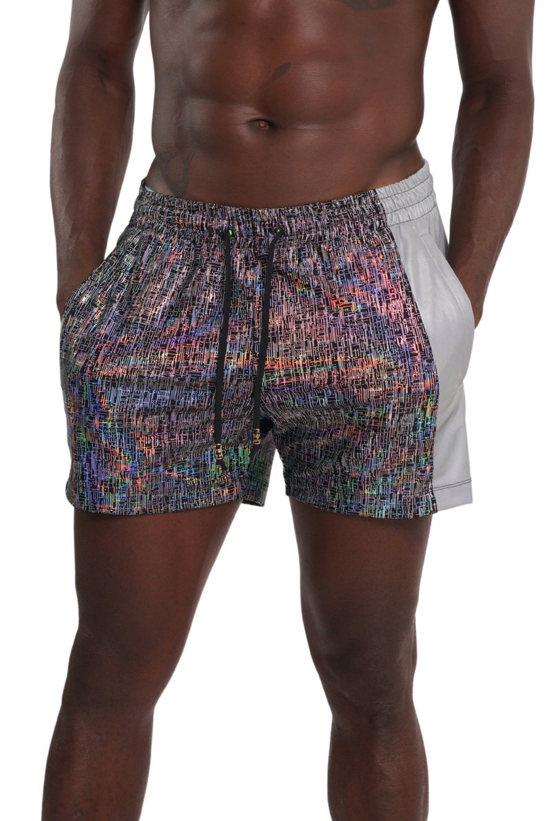Graphic Shorts Silver Reflective Shorts Rave Festival Outfits Mens Drawstring Shorts | LOVE KHAOS image 5