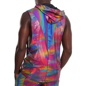 Mens Rave Top Holographic Shirt, Shiny Rainbow Reflective Sleeveless Hoodie Festival Vest | LOVE KHAOS image 10