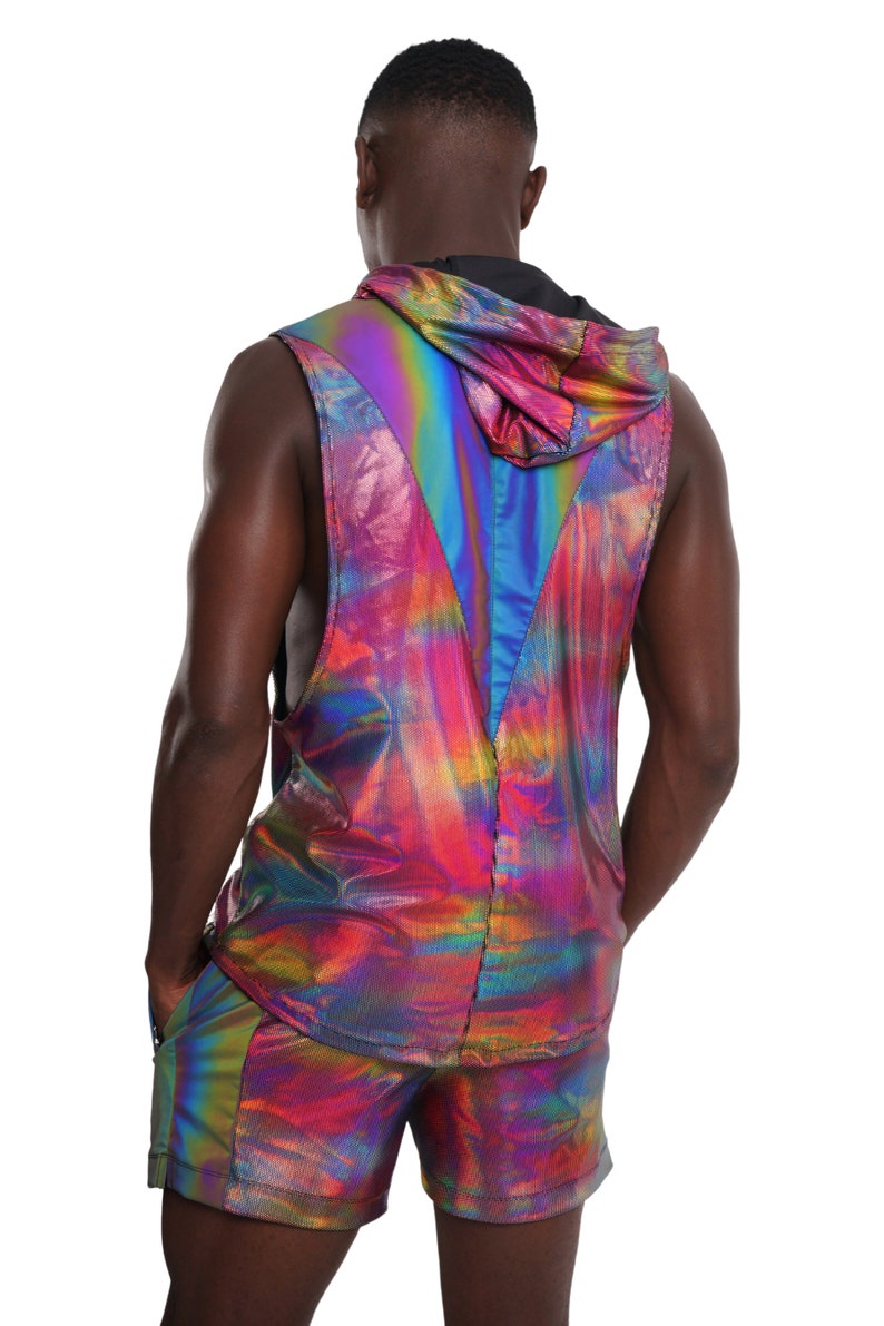 Mens Rave Top Holographic Shirt, Shiny Rainbow Reflective Sleeveless Hoodie Festival Vest | LOVE KHAOS image 10