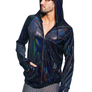 Holographic Hoodie Festival Jacket Velvet Sweatshirt Zip Up Hoodie, Rave party rainbow coat burning man clothing men | LOVE KHAOS