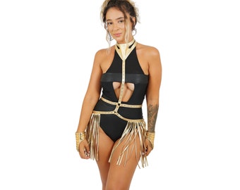 Studded Gold Leather Tassel Harness Dress, Open Front Festival Skirt | LOVE KHAOS