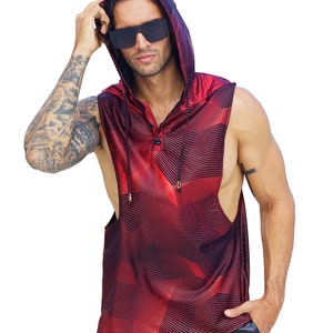 Mens red velvet hooded sleeveless tank top by Love Khaos