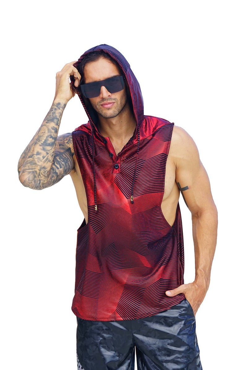 Mens red velvet hooded sleeveless tank top by Love Khaos