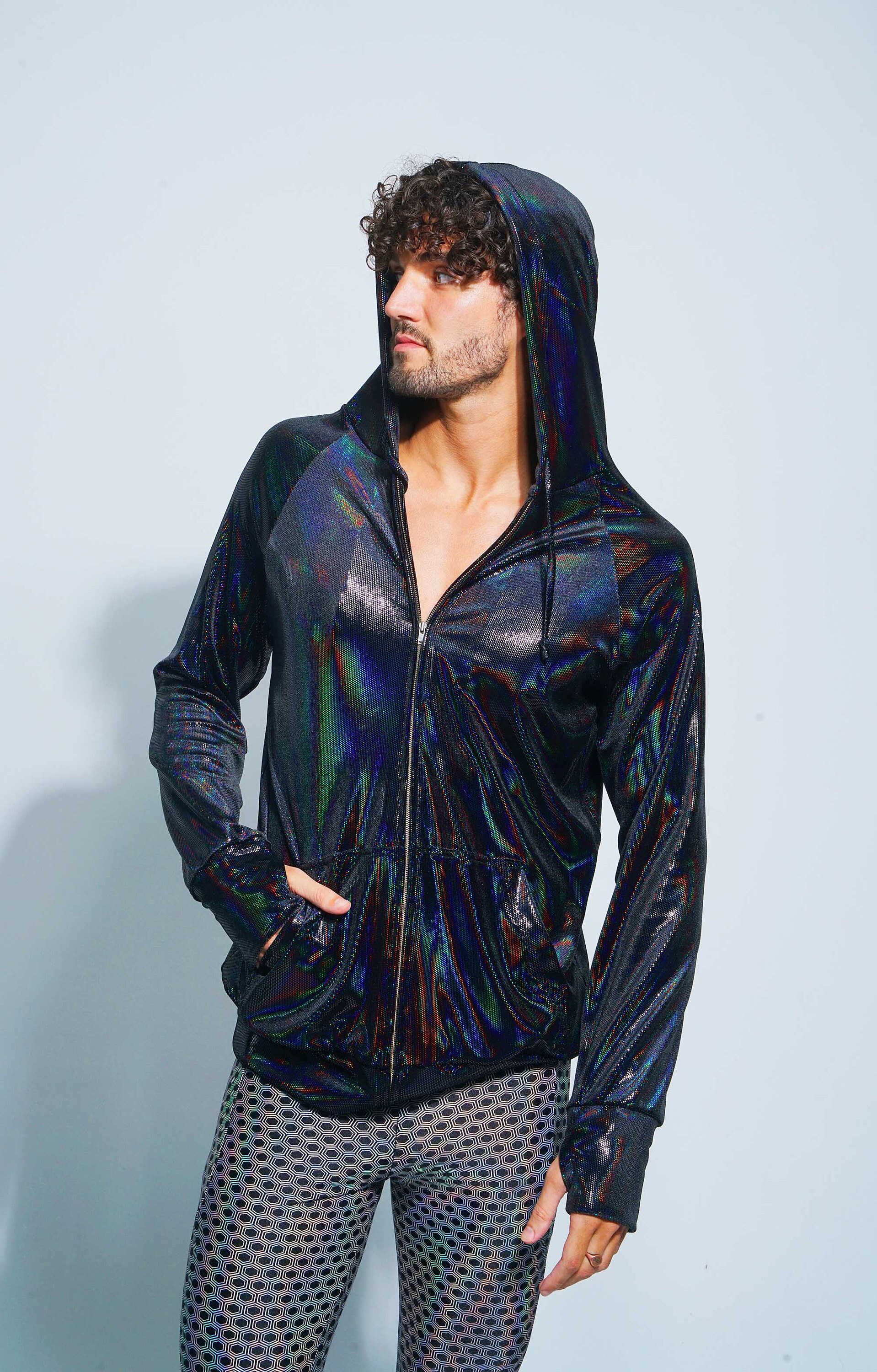 Holographic Jacket Futuristic Zip up Hoodie, Cyberpunk Holographic Jacket Futuristic Zip up Hoodie, Cyberpunk