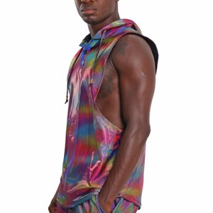 Mens Rave Top Holographic Shirt, Shiny Rainbow Reflective Sleeveless Hoodie Festival Vest | LOVE KHAOS image 9