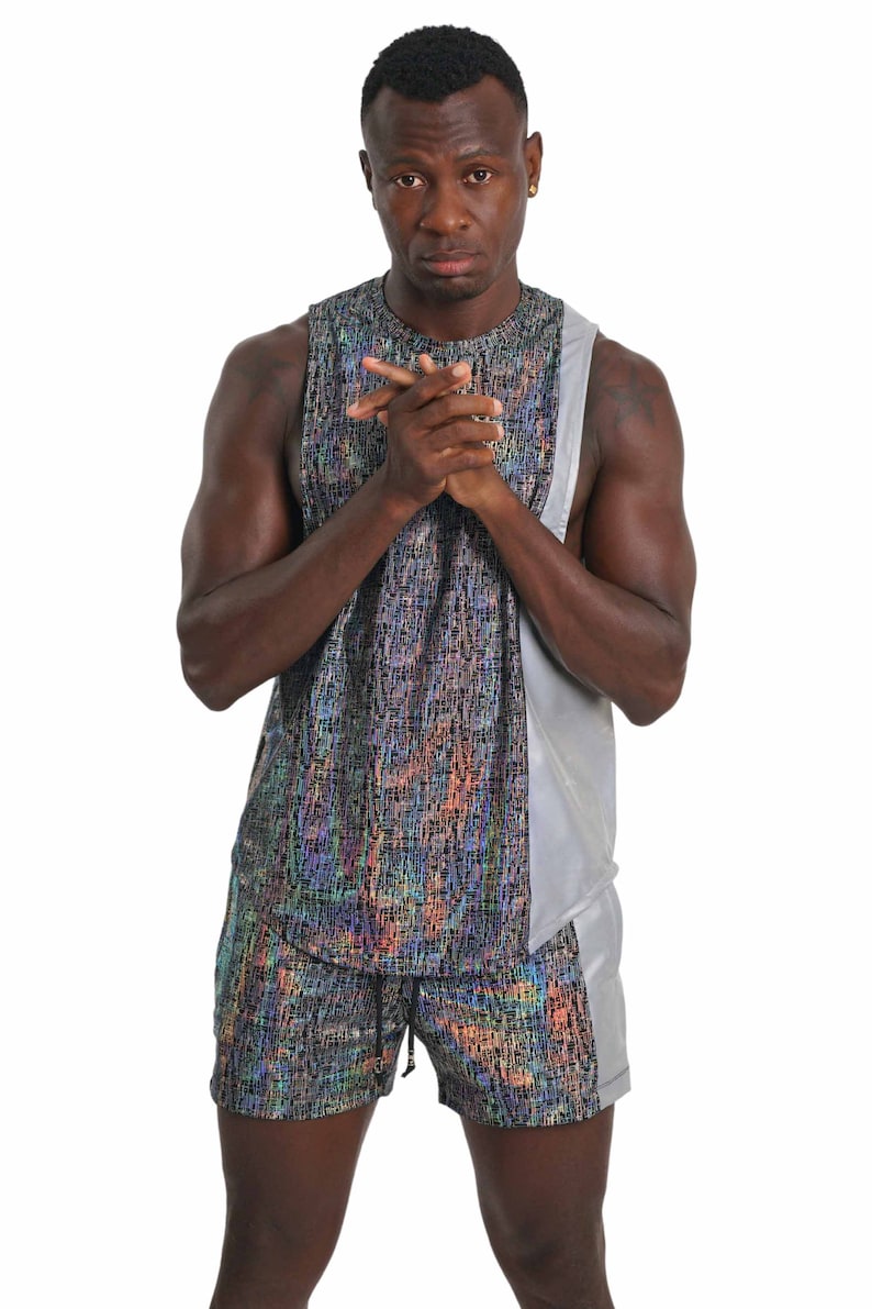 Graphic Shorts Silver Reflective Shorts Rave Festival Outfits Mens Drawstring Shorts | LOVE KHAOS image 8