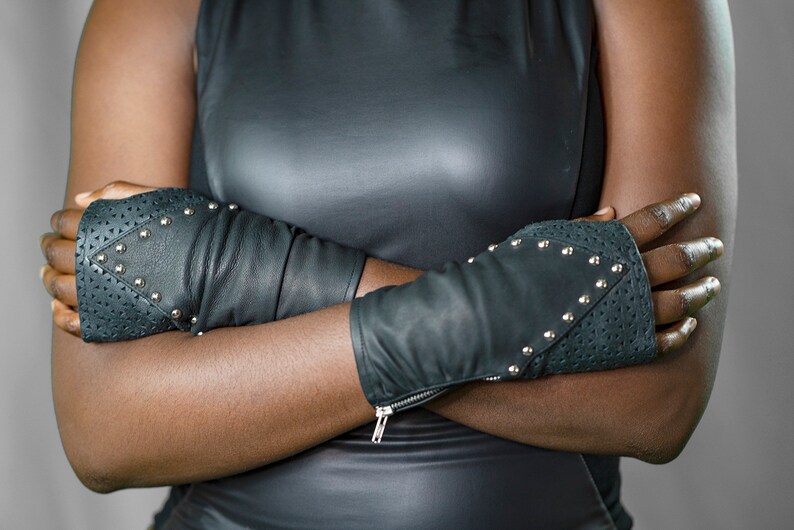 Studded Leather Fingerless Gloves Short Black Mittens Womens Etsy