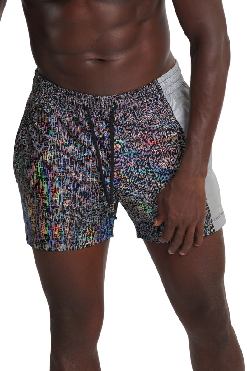 Graphic Shorts Silver Reflective Shorts Rave Festival Outfits Mens Drawstring Shorts | LOVE KHAOS image 4