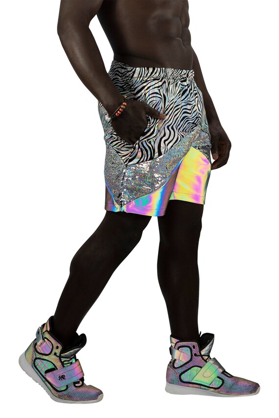 Zebra Print Holographic Shorts Reflective Shorts EDC Outfit | Etsy