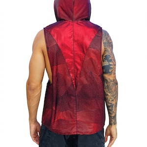 Mens red velvet hooded sleeveless tank top by Love Khaos