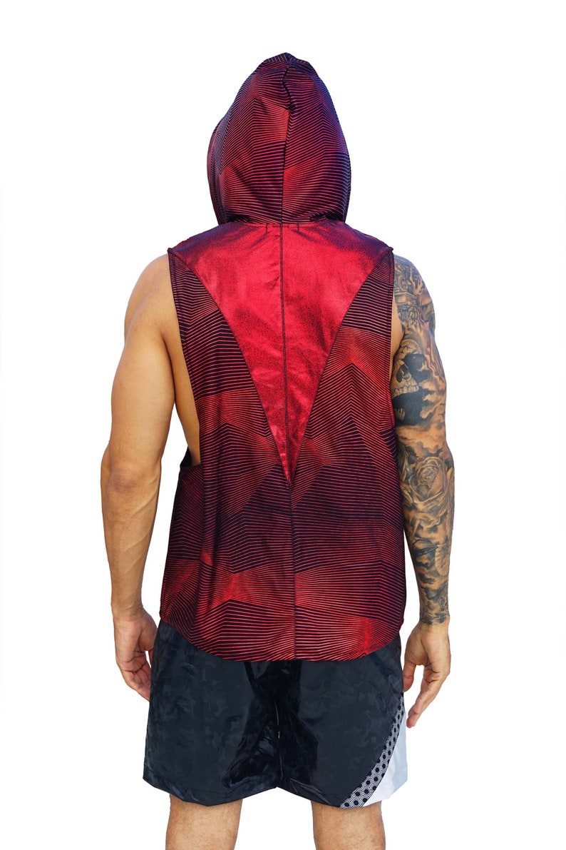 Mens red velvet hooded sleeveless tank top by Love Khaos