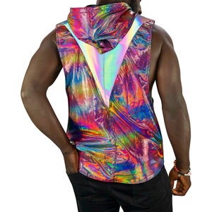 Rainbow holographic muscle tee with hood by Love Khaos.