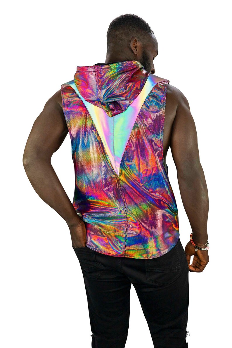 Rainbow holographic muscle tee with hood by Love Khaos.