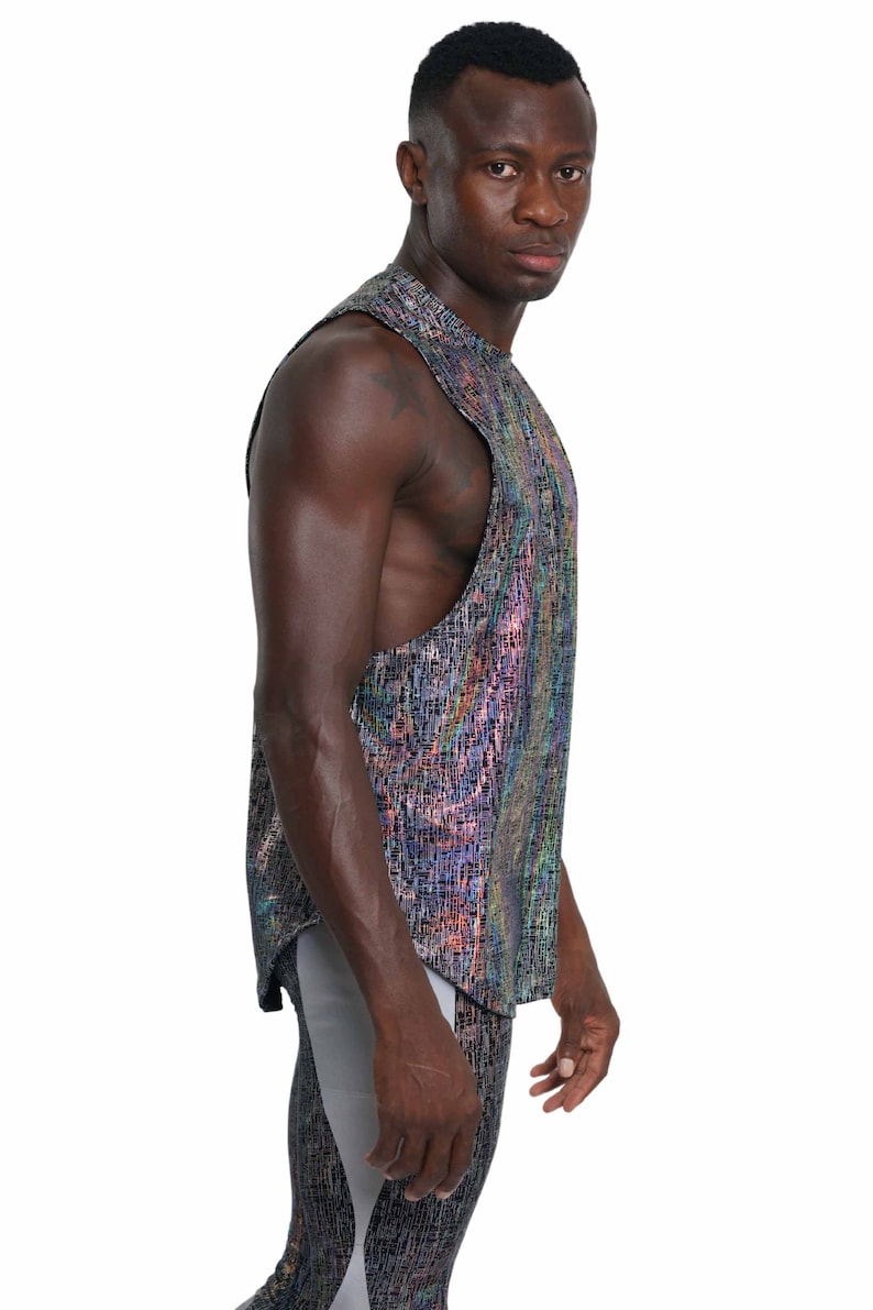 Reflective Shirt Men Rave Wear Futuristic Tank top Metallic Shirt EDC Outfits Men Silver Rave Outfit Holographic Rave Shirt | LOVE KHAOS image 4
